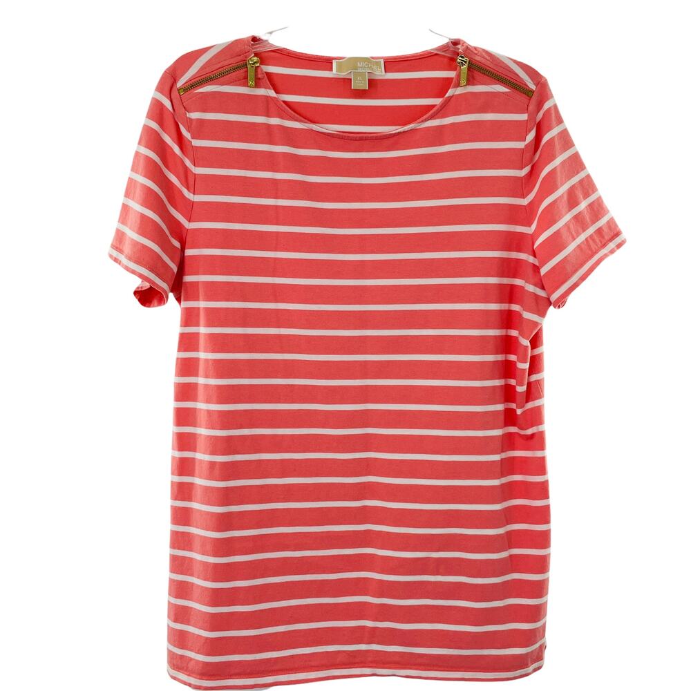 MICHAEL KORS Orange & White Striped Gold Zip Shoulder Short Sleeve Top L